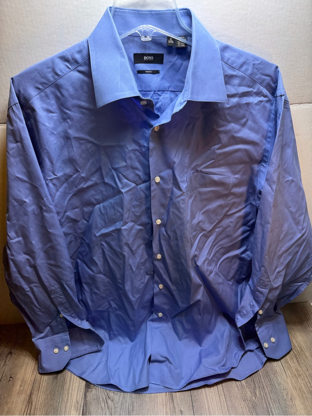Boss Hugo Boss Designer Two-ply Classic Blue Dress Shirt 16 32/33 Long Sleeve